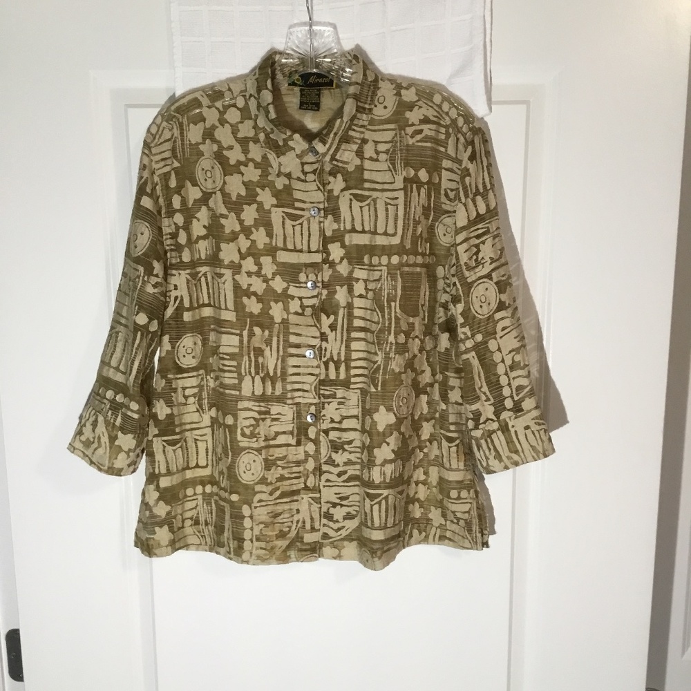 Mirasol Ladies Sheer Button Down Top Tan Size L